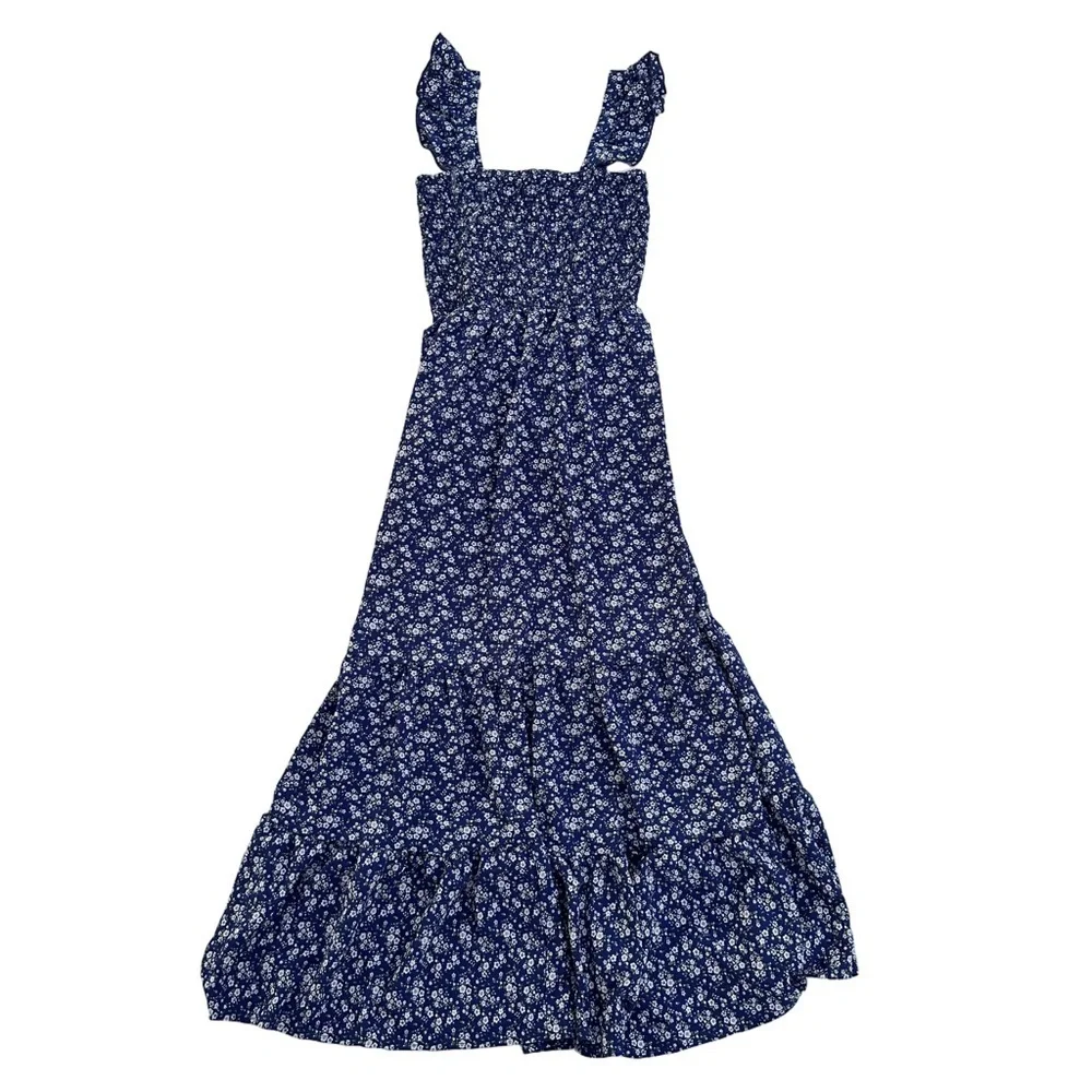 Popular 21 Women's S Blue Floral Smocked Maxi Dress Boho Spaghetti Strap - Picture 2 of 7